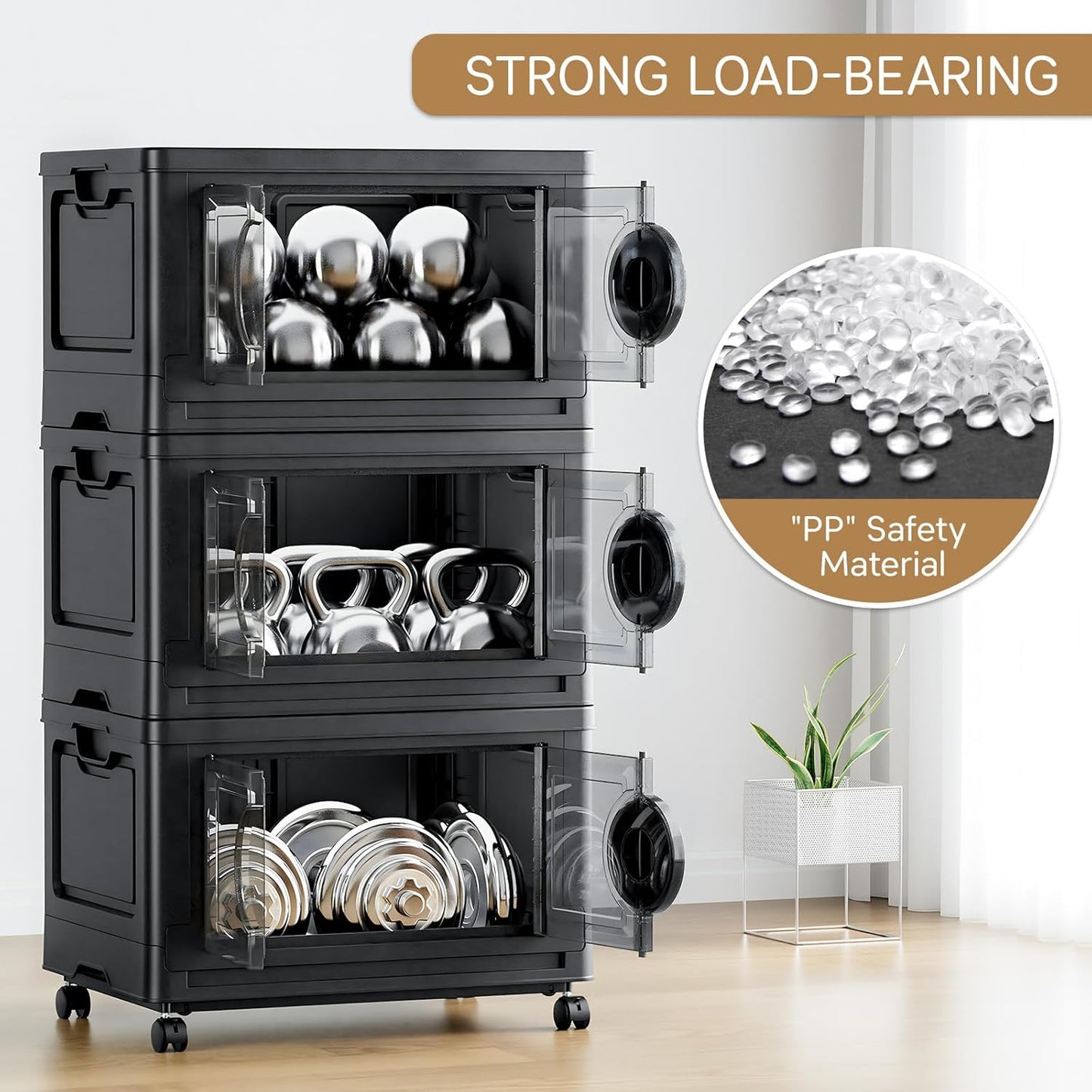 JEKO&JEKO 498Qt Lockable Stackable Storage Bins with Lids, Collapsible Closet Organizer with Wheels, Plastic Cabinet Drawer for Clothes, Dorm Room 6 Pack (Black)