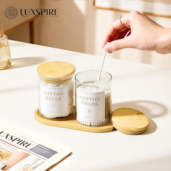 Luxspire Glass Qtip Holder with Vanity Tray, 2 Pack Cotton Swab Holder with Bamboo Lid, 13.4 oz Glass Apothecary Jars Bathroom Accessories Canisters for Cotton Swabs, Balls, Pads, Floss Picks