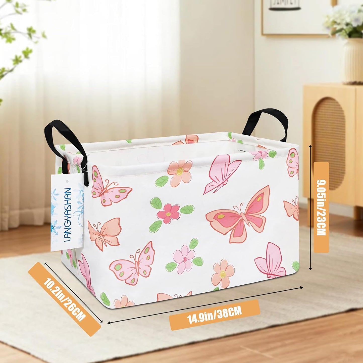 LANGYASHAN Rectangular Storage Bin Collapse Canvas Fabric Cartoon Storage Basket with Handles for Organizing Home Kitchen Boys and Girls Toys Office Closet Shelf Baskets (Rec Pink Butterfly)