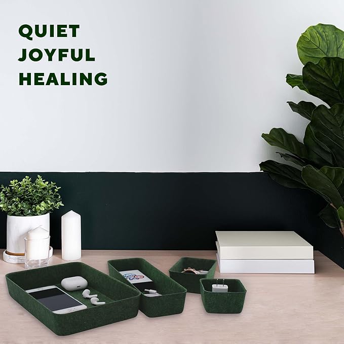 Welaxy Desk drawer organizer bins shallow trays felt storage desktop box for jewelry watches office supplies makeup small key holder minimalism 8-piece (Forest Green)