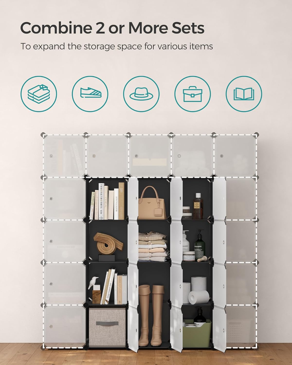 SONGMICS Cube Storage Organizer, Set of 9 Plastic Cubes, Closet Storage Shelves, DIY Plastic Closet Cabinet, Modular Bookcase, Shelving with Doors for Bedroom, Living Room, Black and White ULPC116HS