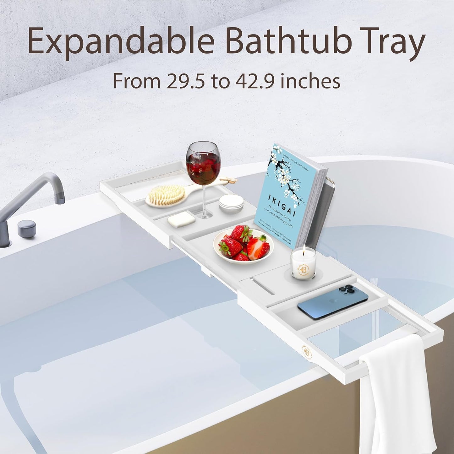 Bathtub Tray - Expandable White Bamboo Bath Tray for Tub with Wine Glass Holder, Book & Tablet Stand - Wooden Bathtub Caddy Tray for Bathroom Accessories, Spa Relaxation, Housewarming & Wedding Gift