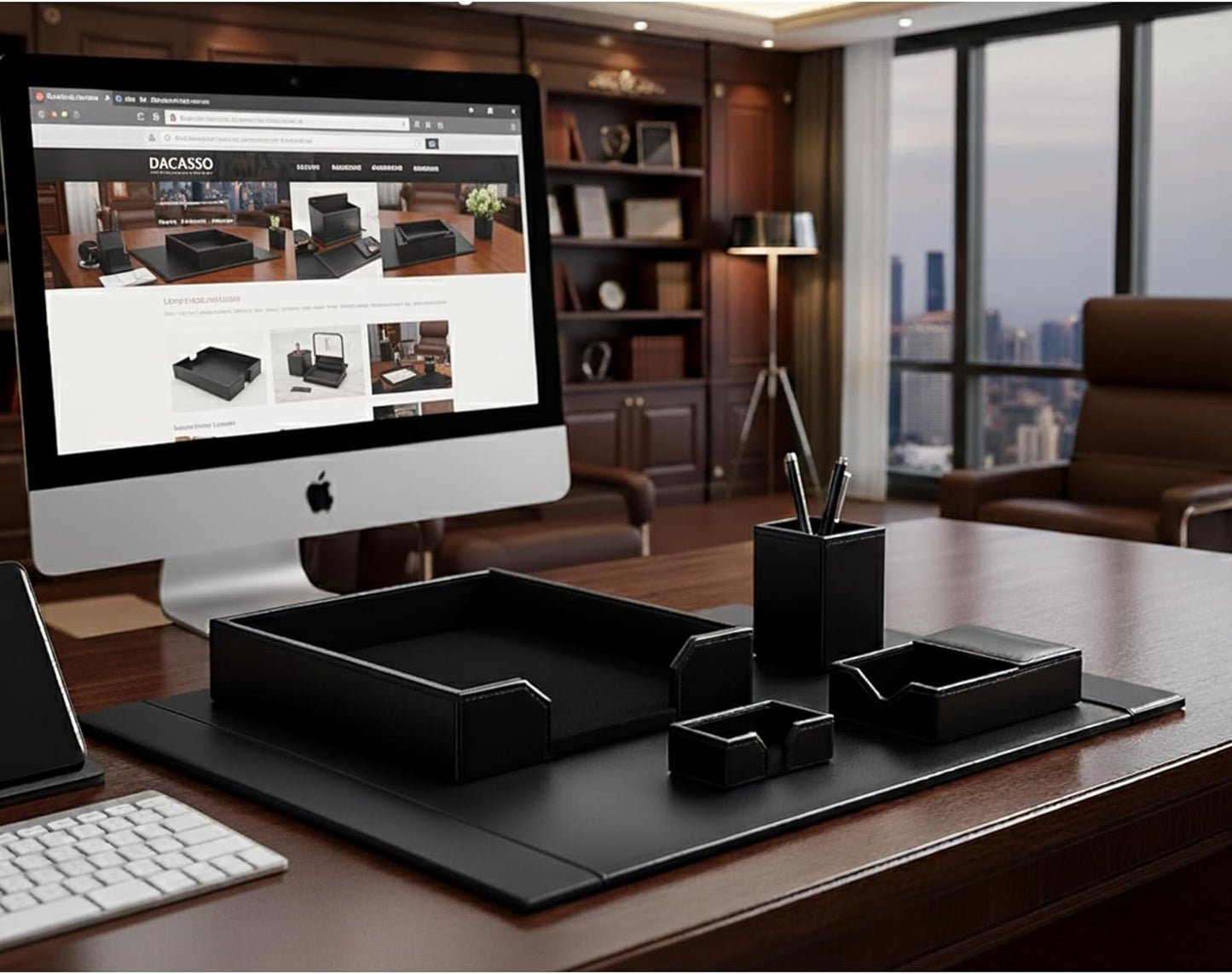 Dacasso Black Bonded Leather 5-Piece Desk Set