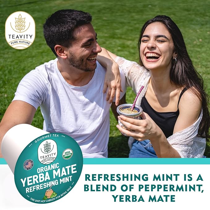 Organic Yerba Mate Refreshing Mint Tea Pods - Naturally Caffeinated Yerba Mate Tea Pod for Keurig Brewers by Teavity (24 Tea Pods)