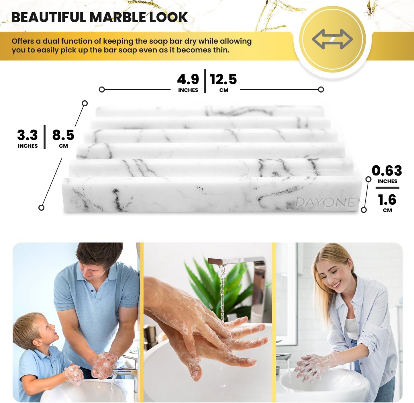 DAY1 Marble Soap Dish Tray – Bathroom Sink Soap Holder, Vanity Tray, Brush Organizer, Decorative Resin Dish for Kitchen, Countertop, Bathtub, Bar Soap, Sponges, Paint Brushes (White)