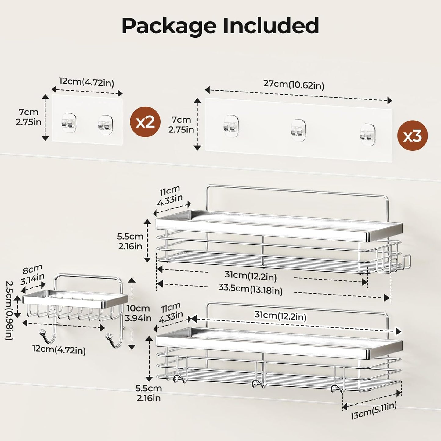 Orimade Adhesive Shower Caddy Soap Dish Holder Shelf with 5 Hooks Bathroom Organizer Basket Kitchen Storage Rack Wall Mounted No Drilling Stainless Steel - 3 Pack,Silver
