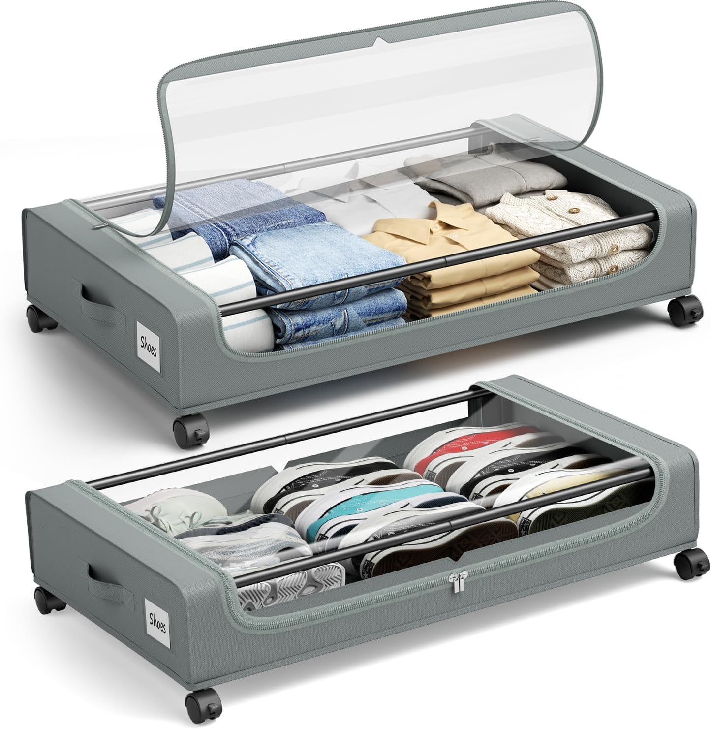 Under Bed Storage Containers with Clear Lid, Large Under Bed Storage with Wheels,6.22"H Under Bed Containers Rolling Under Bed Cart, Fabric & Metal Frame Under Bed Drawer for Clothes;Grey, 2 Pack