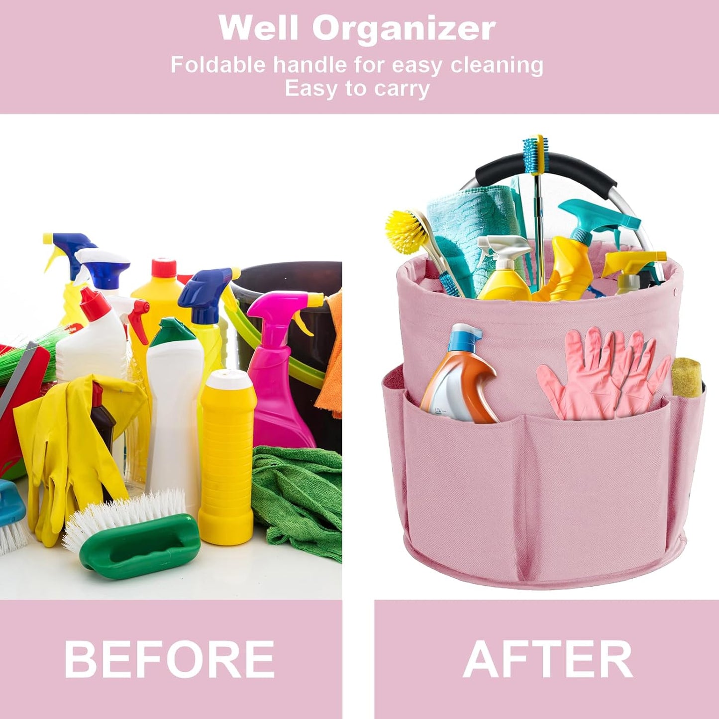 Cleaning Caddy with Handle, Cleaning Products Organiser, 17L Foldable Storage Basket, Cleaning Caddy Organiser, Portable Multi Cleaning Bucket Bag for Home, Garden (Pink)