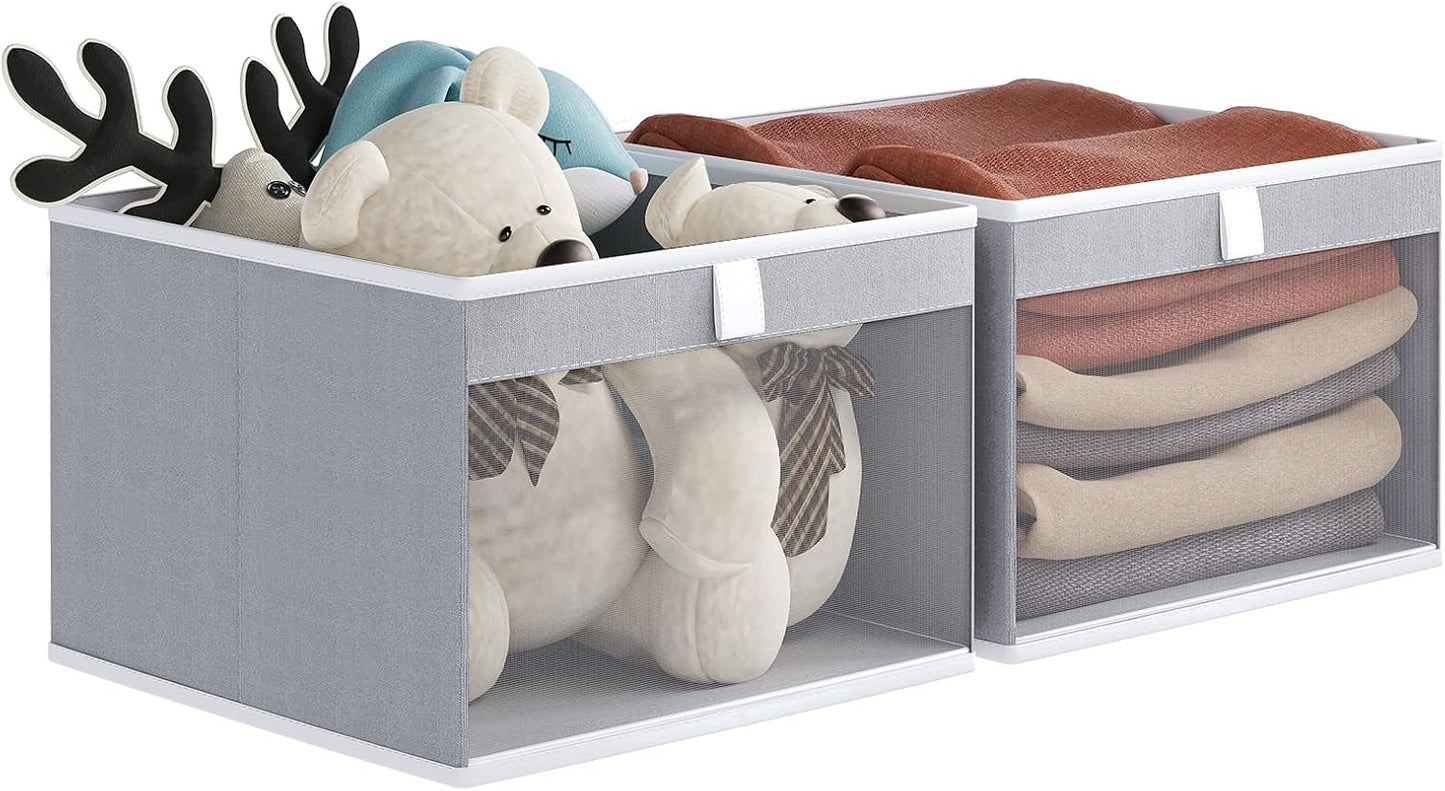 Linen Closet Organizers and Storage, Closet Storage Bins Basket Organizer, Foldable Organization Baskets with Mesh Window for Clothes Towels and Toys, 12.75" x 12.75" x 9", Gray, 2 pack