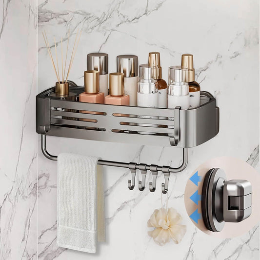 Onemake Shower Caddy Suction Cup, No Drilling Bathroom Shower Shelf, Corner Shower Caddy with 6 Portable Hooks, Removable Bath Organizer with Towel Bar for Bathroom Storage(Gray)