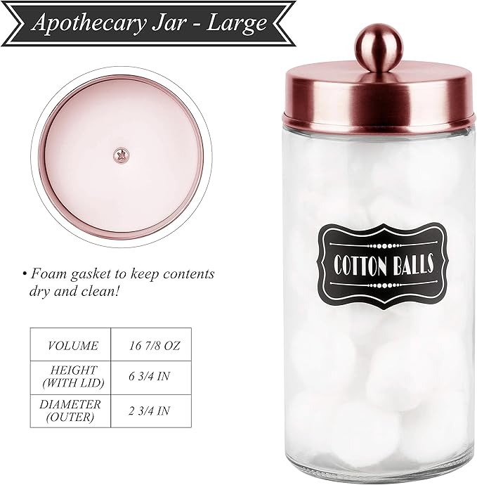 Apothecary Jars 3 Pack - Glass Bathroom Containers with Stainless Steel Lids - Rustic Farmhouse Decor Bathroom Accessories, Vanity Organizer Apothecary Jars for Qtip/Cotton Balls (Rose Gold)
