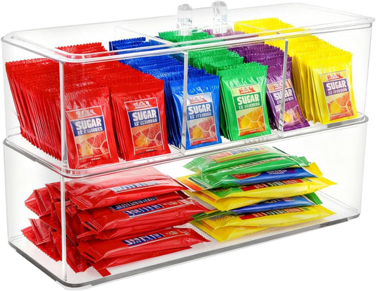 Sugar Packet Holder for Coffee Bar, Plastic Packet And Tea Bag Organizer, 1tier 3-Section And A Rectangular With Lid for Tea Bags Holder for Pantry, Cabinet, Countertop & Coffee Station