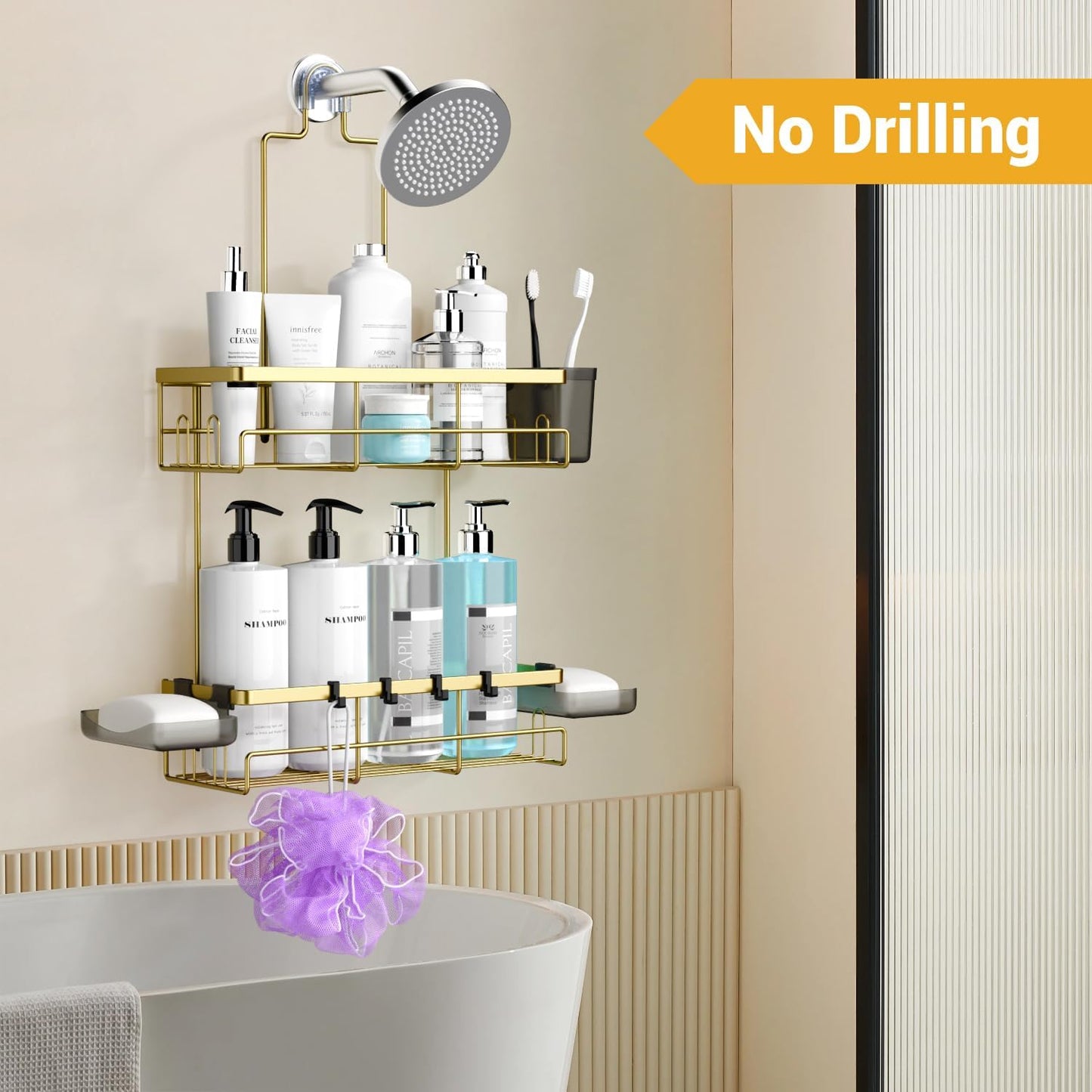 Shower Caddy Hanging Bathroom Organizer: Rustproof Shelf for Inside Shower - No Drilling Racks Over Showerhead - Bath Shelves for Shampoo Soap Gold