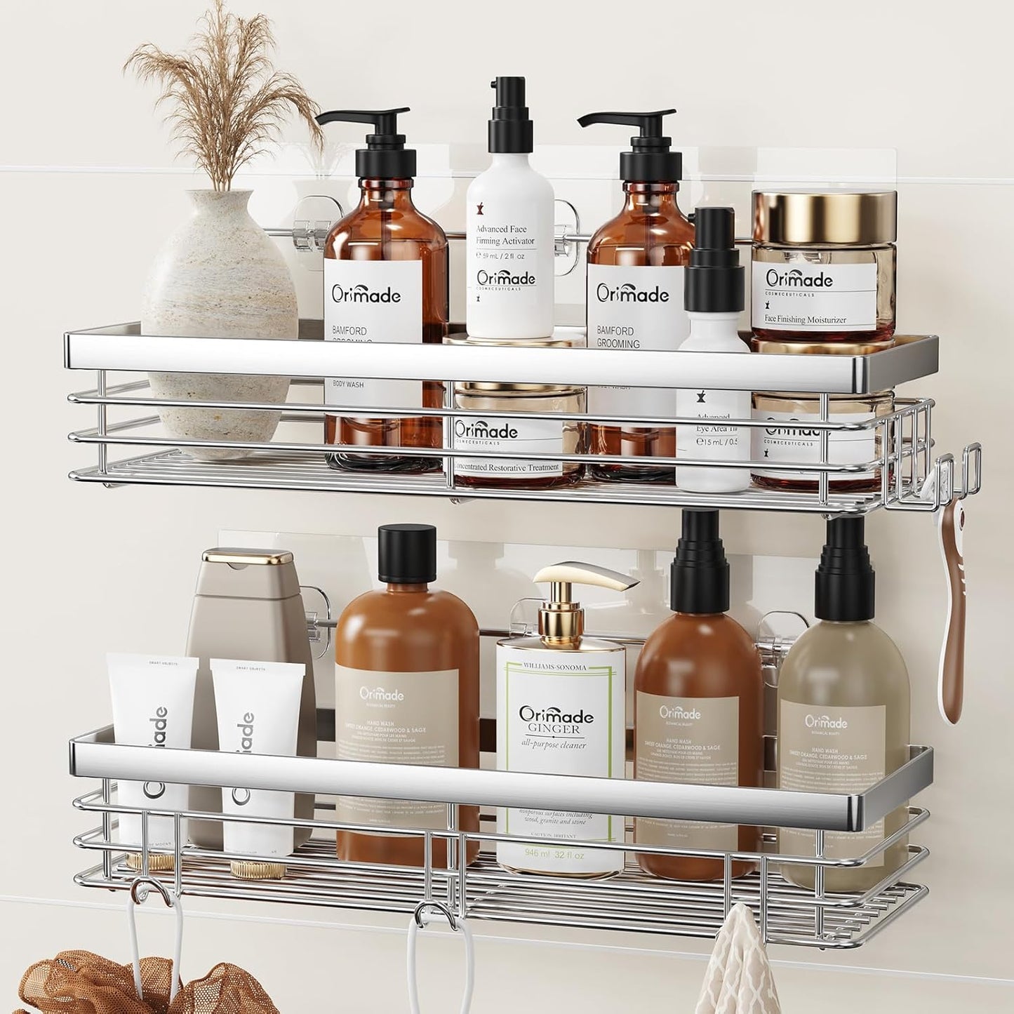Orimade Shower Caddy with 5 Hooks Organizer for Hanging Razor and Sponge Bathroom Basket Adhesive Shower Shelf Storage Kitchen Rack Wall Mounted No Drilling Rustproof Stainless Steel - 2 Pack