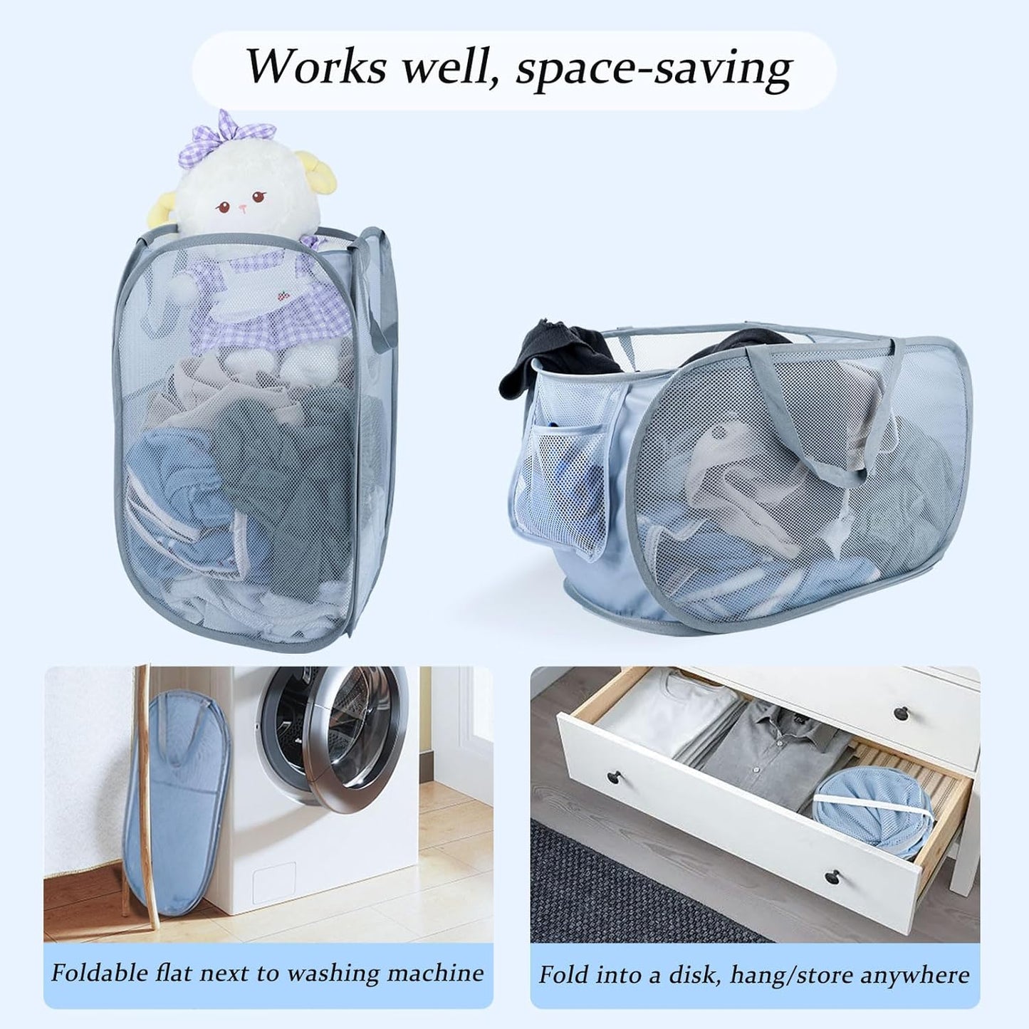 Extra Large Mesh Pop Up Laundry Hamper 2 Pack, 100L Foldable Laundry Baskets, Dirty Clothes Hamper with Pocket, Collapsible Hampers for Travel, Dorm or Home. Grey H+V