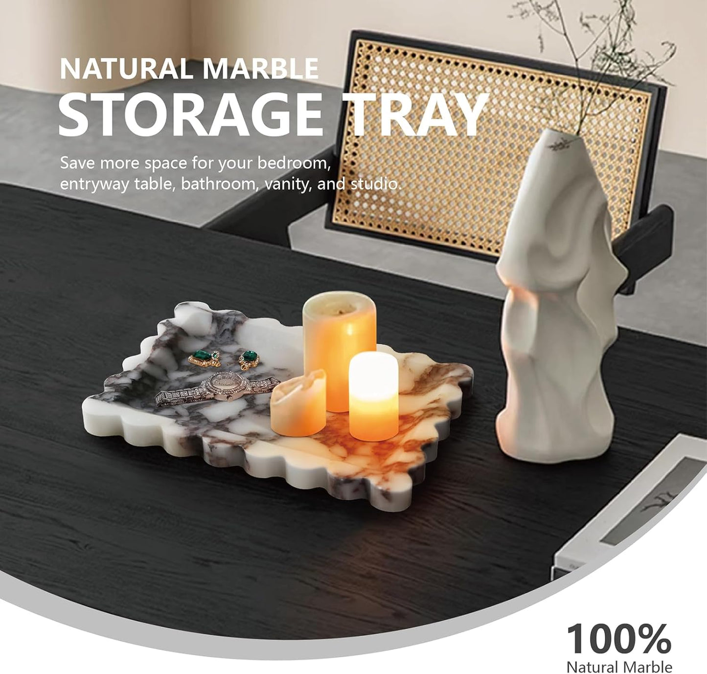 Marble Tray for Bathroom Vanity Countertop - Decorative Stone Soap Dish Organizer, Rectangular Tray for Jewelry, Perfume, Keys (10.6"x7.8")