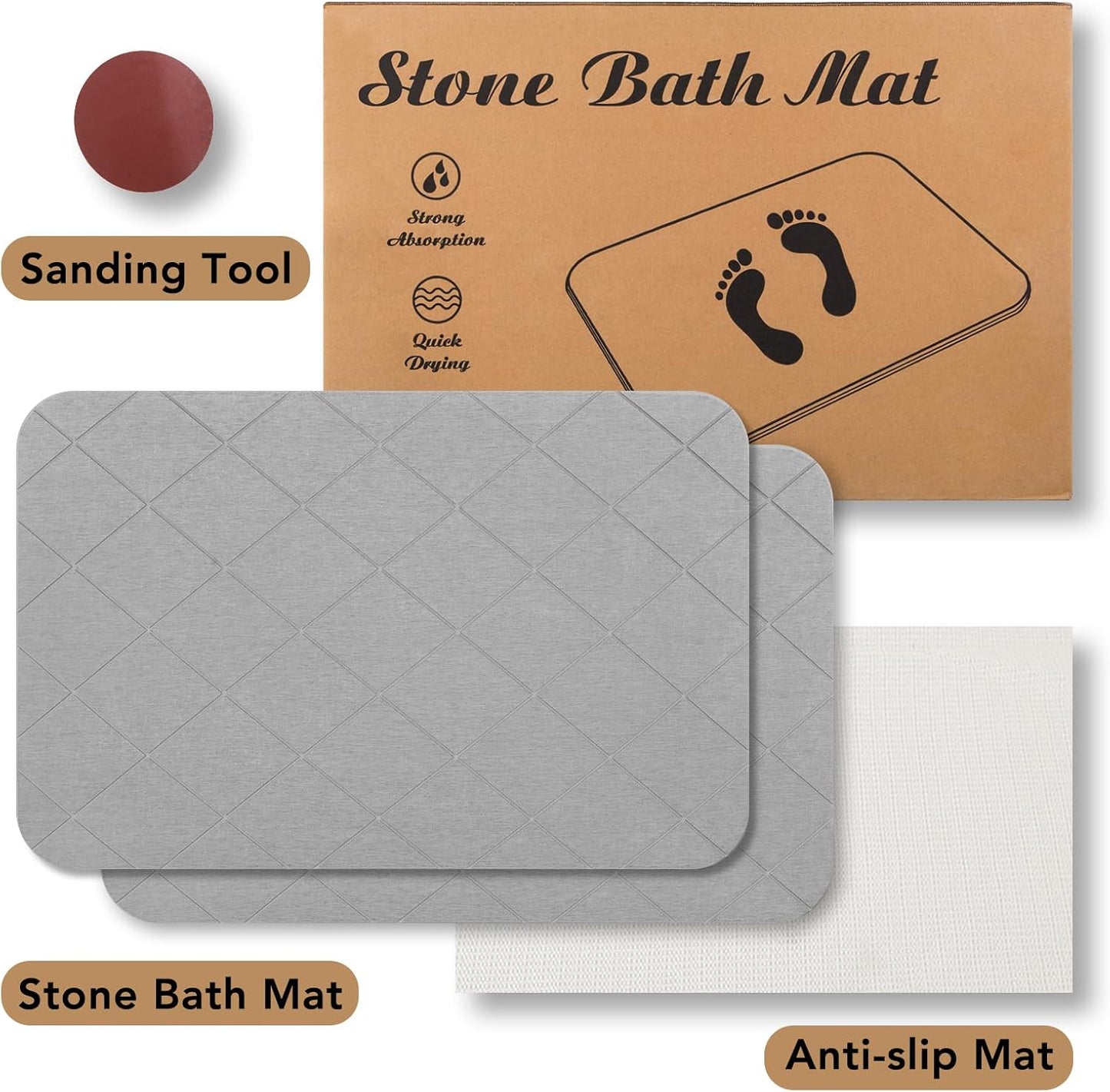 Stone Bath Mat, Diatomaceous Earth Shower Mat, Non-Slip Super Absorbent Quick Drying Bathroom Floor Mat, 2 Pack, Grey, Pattern 2