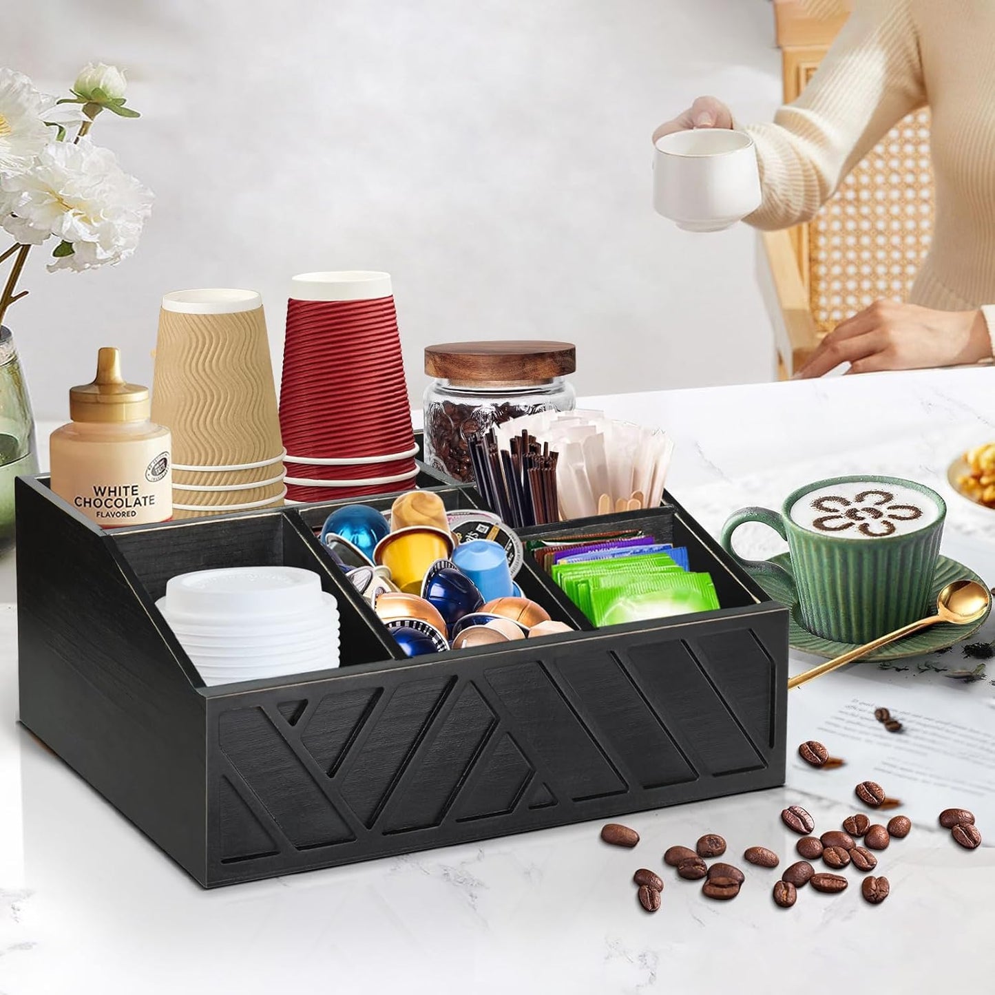 ugiftt Coffee Station Organizer for Counter, Wood Coffee Pods Holder Storage Basket, Tea Condiment Storage Organizer, Rustic Bar Decor for Accessories Organizer