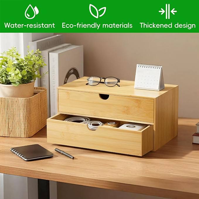 Neando Bamboo Desk Organizer with 2 Drawers, Wooden Countertop Drawers Organizer, Tabletop Storage Organization Box for Office & Home, No Assembly Needed