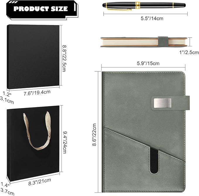 A5 Lined Leather Notebook and Pen Set with Gift Box, 240 Pages Refillable Journal with Pocket and Magnetic Buckle, Hardcover Daily Diary for Men and Women Business Travel Personal Writing- Gray