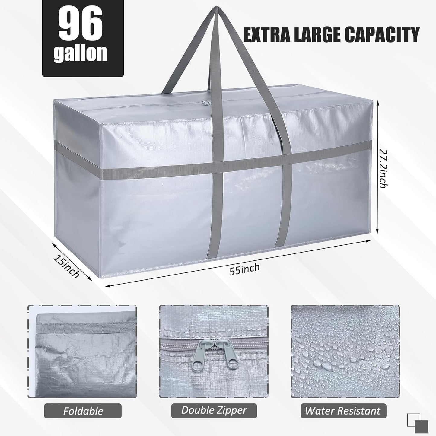 4 Pcs 96 Gallon Large Moving Bags with Zipper and Handles Foldable Storage Duffle Bags Heavy Duty Extra Large Totes for College Dorm Travel Clothes Blankets Bedding Moving (Silver)