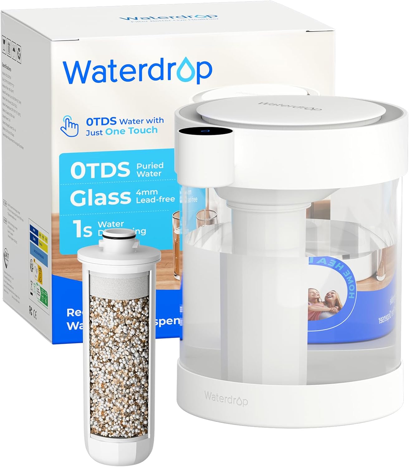 Waterdrop Zero TDS Glass Electric Countertop Water Filter Dispenser, Large 22-Cup, 4-Stage Instant Water Filtration System Rechargeable, Reduce Chlorine, Lead, Copper, with 1 Filter