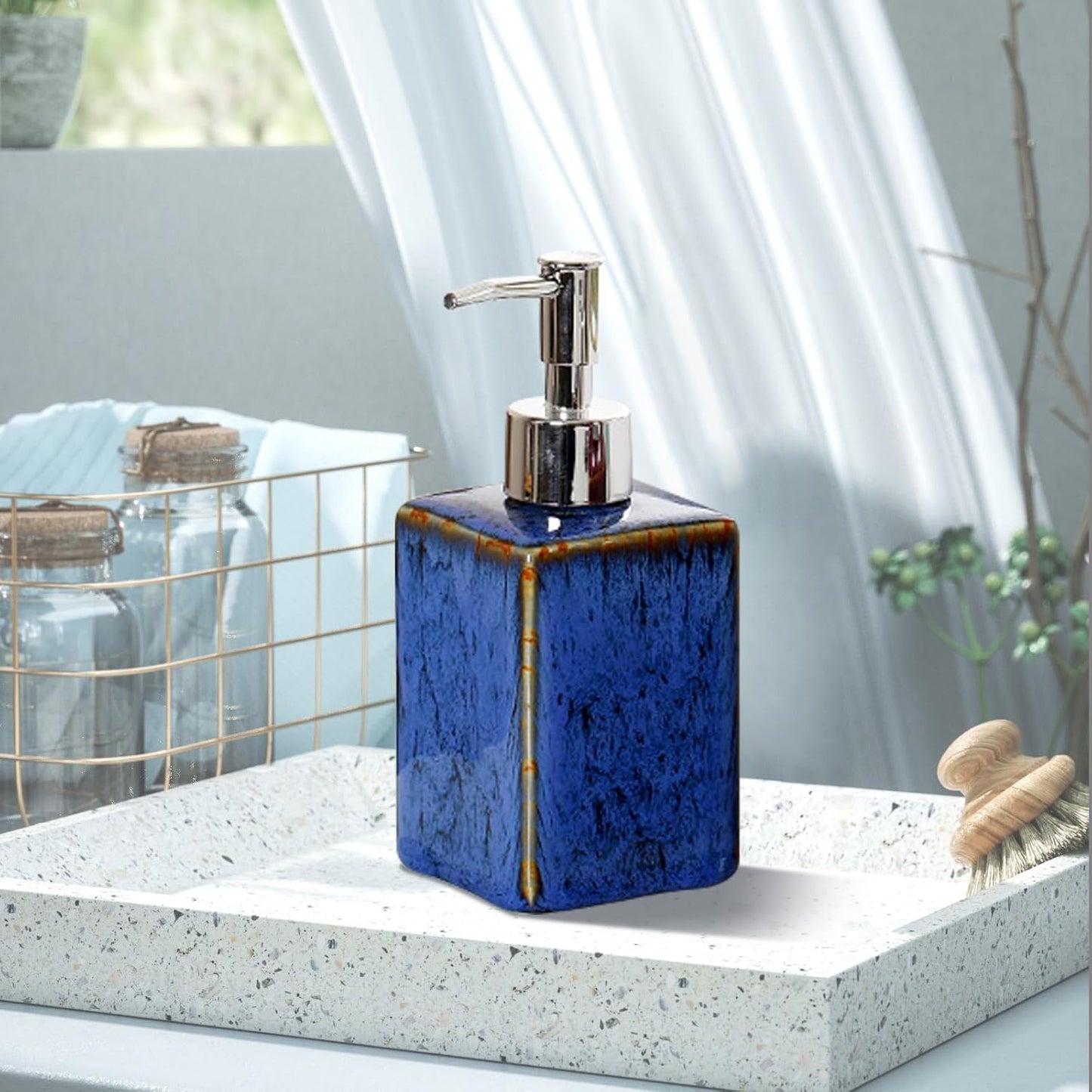 jessie Ceramic Hand Soap Dispenser Bathroom,Kiln Variable Glaze Lotion Dispenser with Pump 11.8 oz Modern Vintage Dish Soap Dispenser Refillable Liquid Soap Bottles for Bathroom Kitchen (Blue)