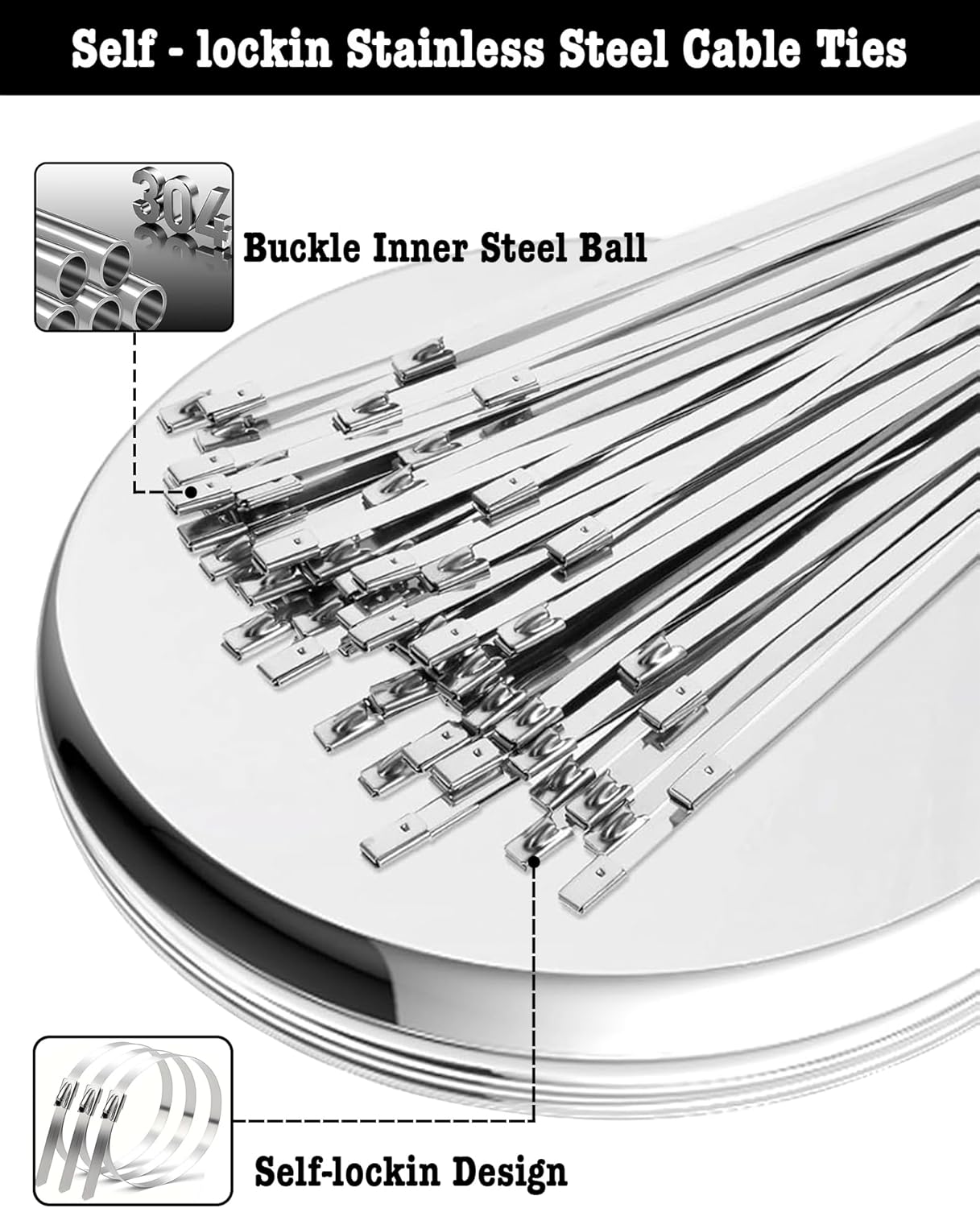 100Pcs Metal Zip Ties 11.8 inch 304 Stainless Steel Zip Ties, Heavy Duty Multi-Purpose Self-locking Metal Cable Ties for Machinery, Vehicles, Exhaust Wrap, Farms, Pipes, Roofs, Cables & Outdoor Fence