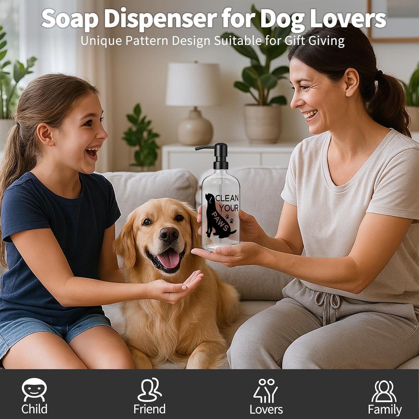 Black Dog Soap Dispenser 17 oz Clear Glass Hand Soap Bottle with 304 Stainless Steel Pump for Bathroom or Kitchen Countertop Dog Lover Gift Idea