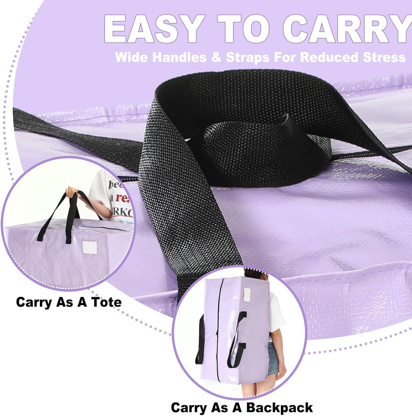 4 Pcs 24 Gallon Large Moving Bags with Zipper and Handles Foldable Storage Duffle Bags Heavy Duty Extra Large Totes for College Dorm Travel Clothes Blankets Bedding Moving (Purple)