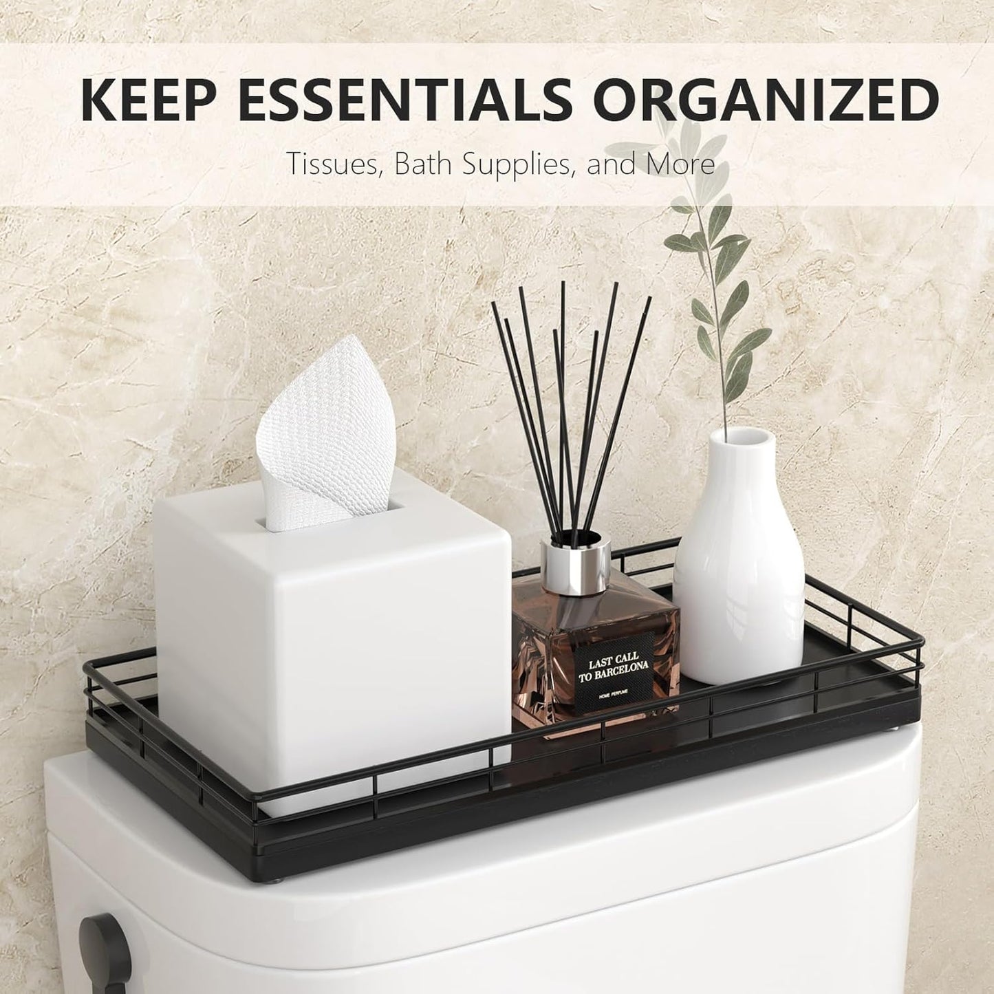 Toilet Paper Basket Organizer – Oak Wood Toilet Tank Tray with Metal Frame, Back of Tank or Top Bathroom Counter Storage – Black Modern Decor