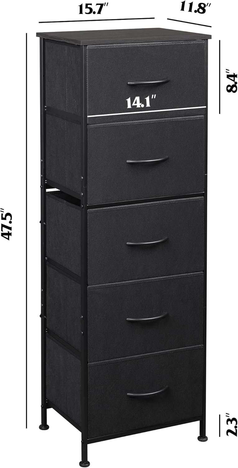WLIVE Fabric Dresser, 5-Drawer Tall Dresser for Bedroom, Storage Organizer with Fabric Bins, Wood Top, Sturdy Steel Frame, Chest of Drawers for Closet, Hallway, Charcoal Black