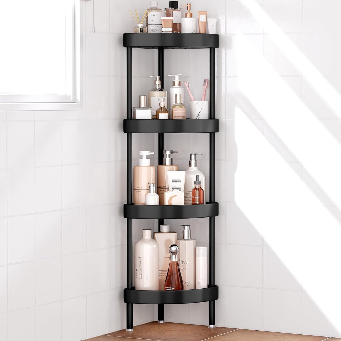 Nieifi Corner Shower Caddy Stand-4 Tier Rustproof Anodized Aluminum Standing Shower Organizer-Shower Caddy Corner-Dual Stability to Anti-Shaking-Height-Adjustable Legs for Uneven Surfaces-Black