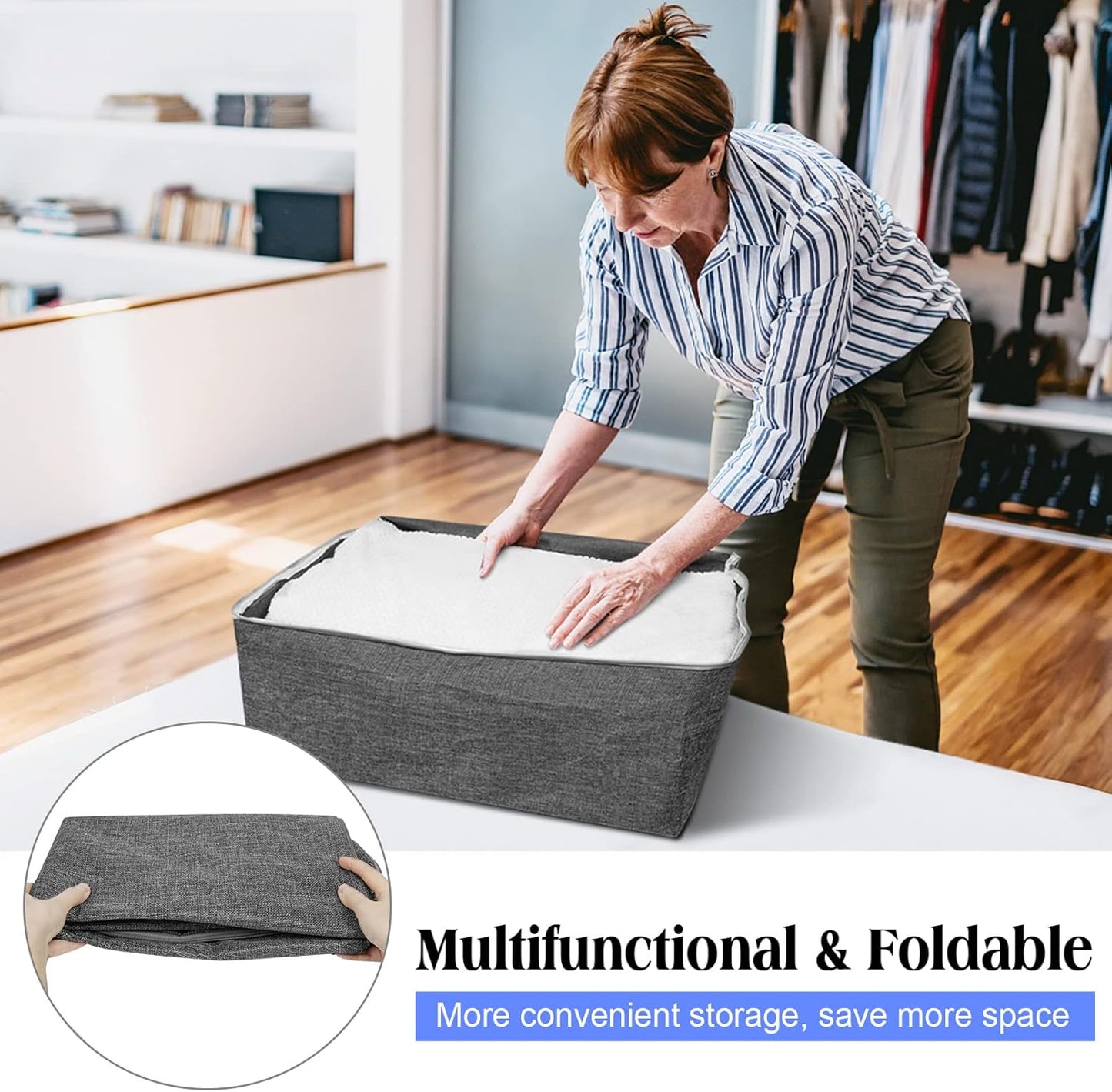 2Pack 105L Extra Large Storage Bags, Folding Comforter Blanket Storage Bags Closet Organizers and Storage Containers with Strong Handles&Zippers Clear Window for Clothes Bedding Pillow, Black