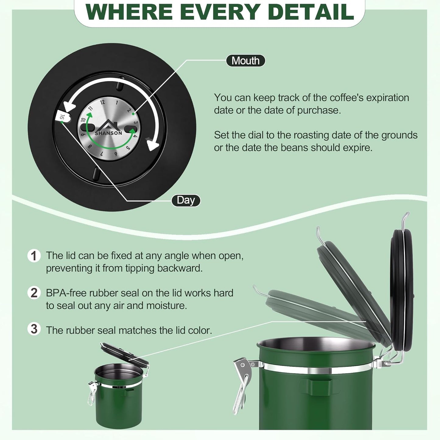 ShanSon Coffee Canister Airtight Coffee Container Stainless Steel Coffee Bean Storage Container with Scoop Coffee Canister for Beans Grounds Sugar Flour Tea Cereal,11OZ, Dark Green