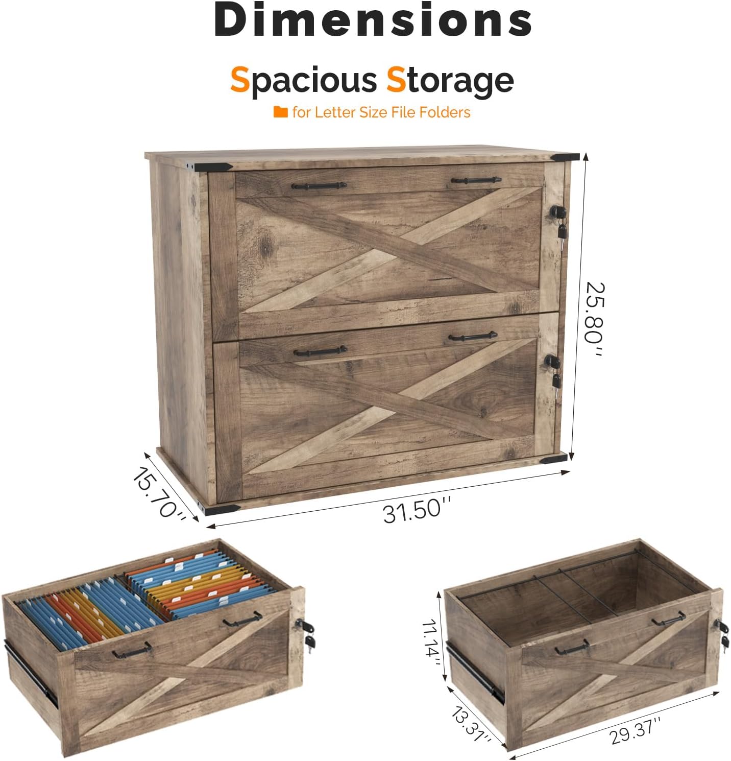 VINGLI 2 Drawer File Cabinet with Lock, Home Office Filing Organizer, for Letter Legal A4 Size File Folder Storage, Modern Farmhouse, Wood Lateral Filing Cabinet, Archivador (Rustic Gray)