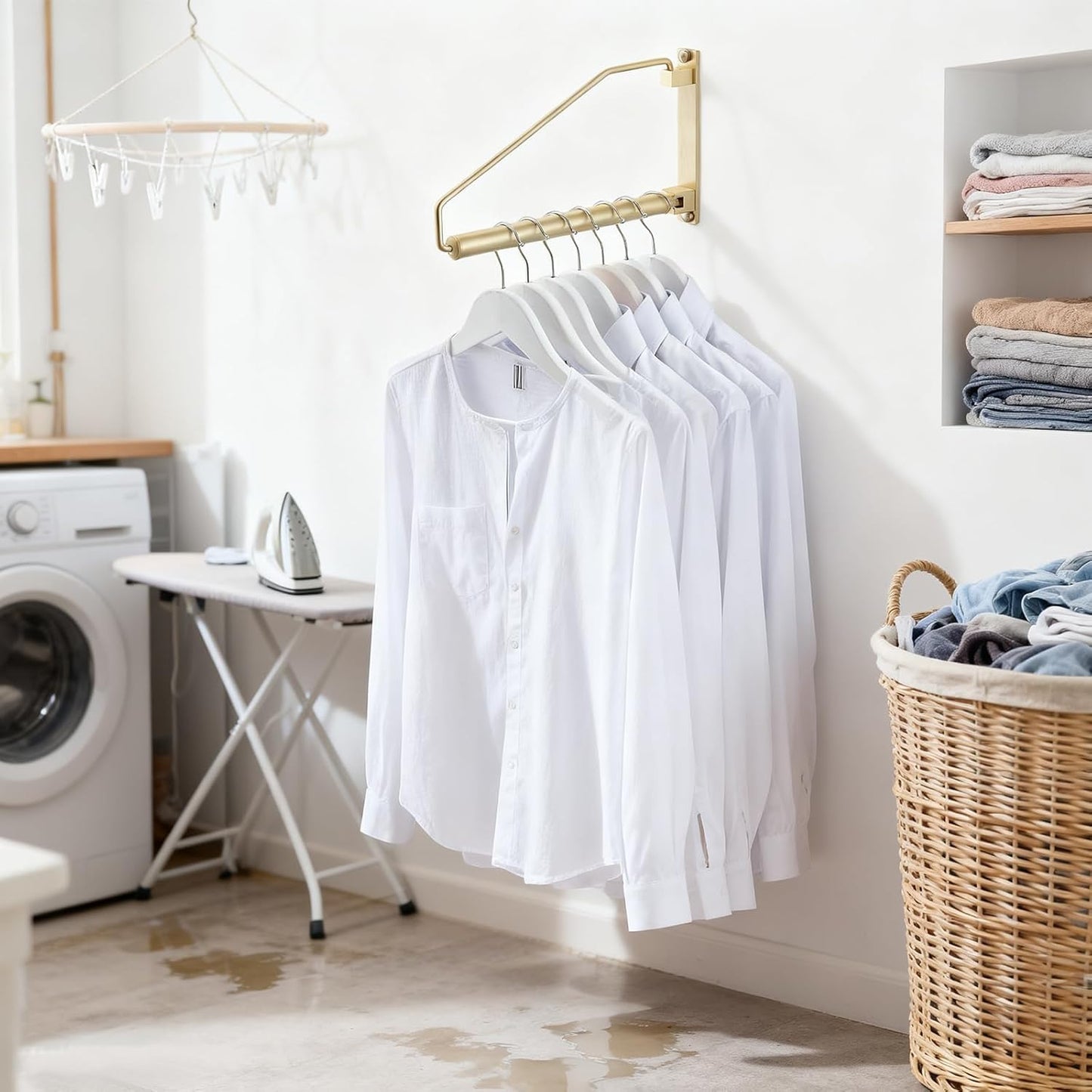 NEWRAIN Folding Wall Mounted Clothes Hanger Rack Clothes Hook Solid Brass with Swing Arm Holder Clothing Hanging System Closet Storage Organizer Heavy Duty Drying Rack Wall Mount,Brushed Gold