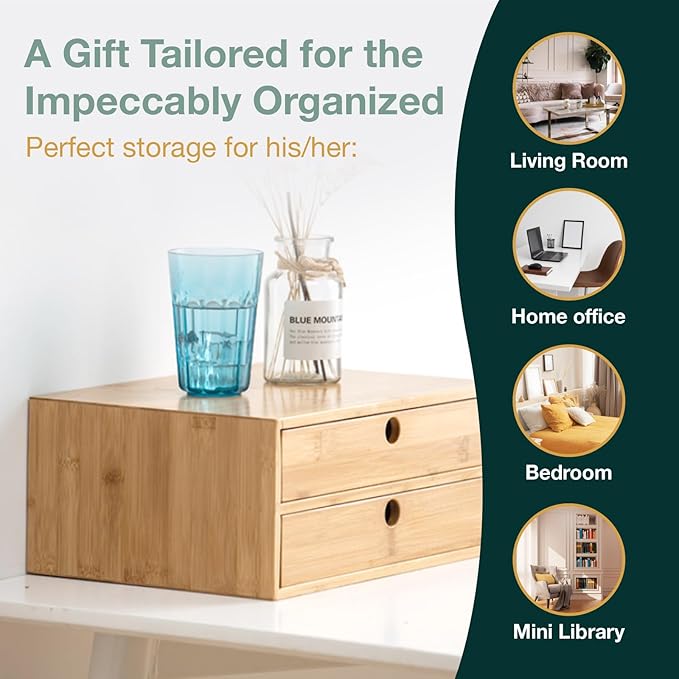 Set of 3 Bamboo Organizer Desktop Drawers - 1, 2, 3 Drawer Storage Organizer Ideal for Desk Accessories, Office Supplies, Makeup Storage & More - Tabletop Wood Box Stackable Drawers