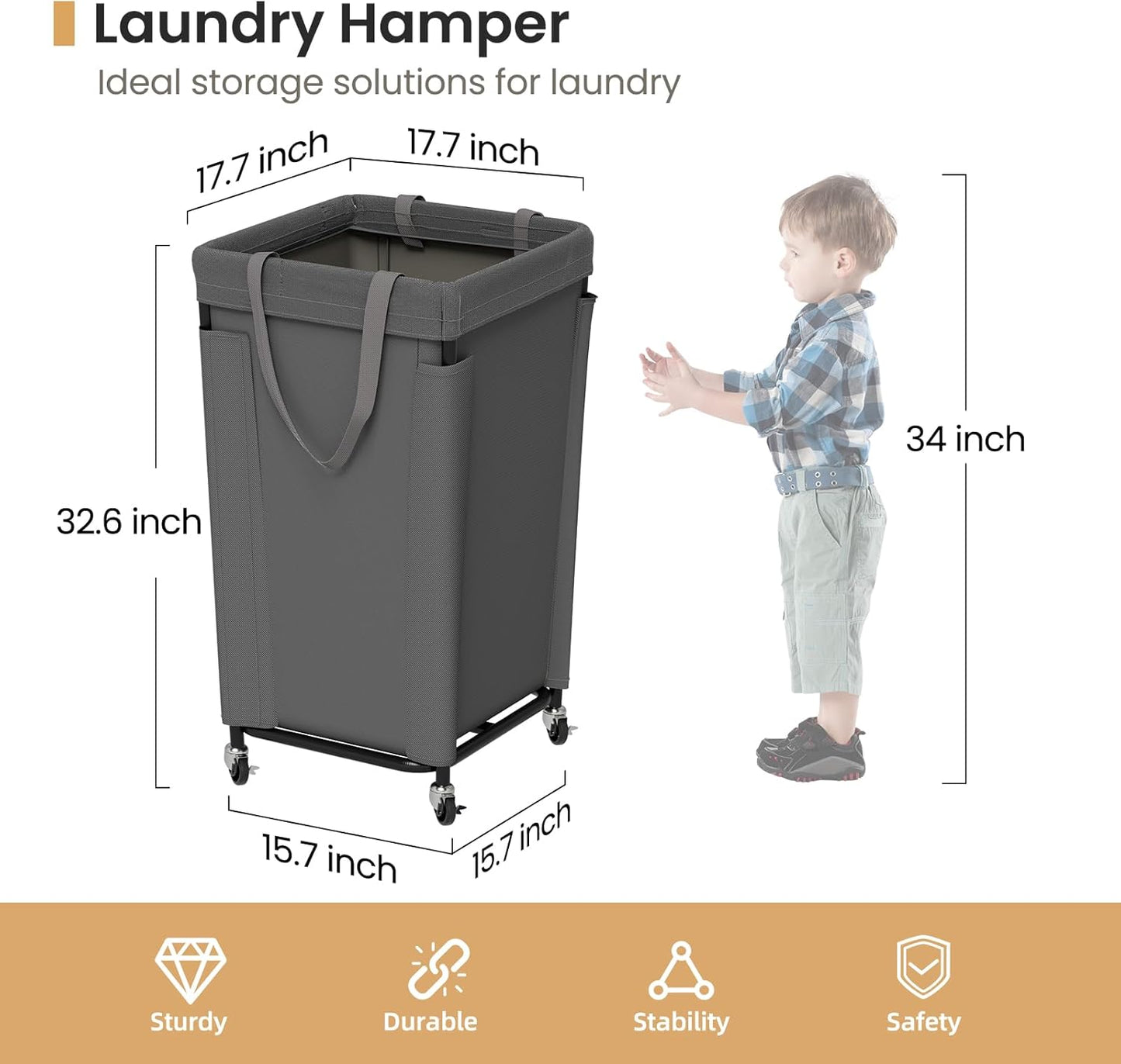 Laundry Basket with Wheels, Large Laundry Hamper with Removable Bag and Steel Frame, 160L Rolling Dirty Clothes Basket for Bedroom, Bathroom, Laundry Room (Gray)