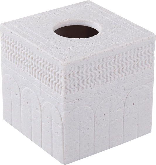 Sandstone Carved Pattern Tissue Box Cover – Modern Resin Cube Holder for Bathroom, Bedroom, Office – Decorative Square Tissue Box for Countertop, Nightstand, Vanity & Desk – Heavy&Sturdy