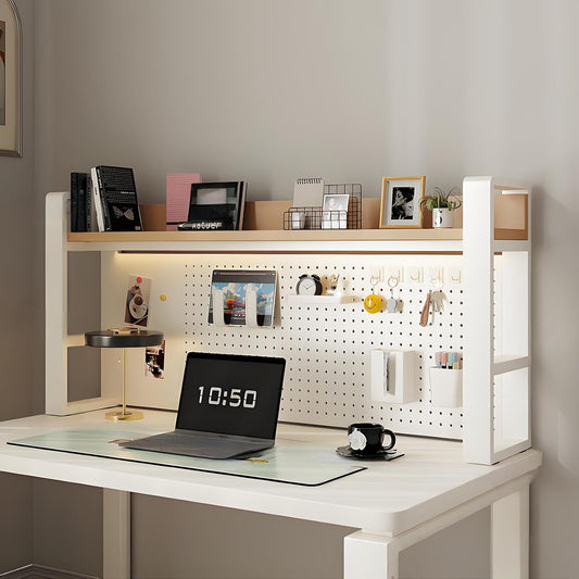 2/3 Tier Desk Hutch with Pegboard, Desk Shelf Organizer with Metal Frame, Space Saving Desktop Bookshelf, Desktop Shelf Organizer Display Rack for Study Table, Home, Off White+Wood 45×10×26"(2-Tiers)