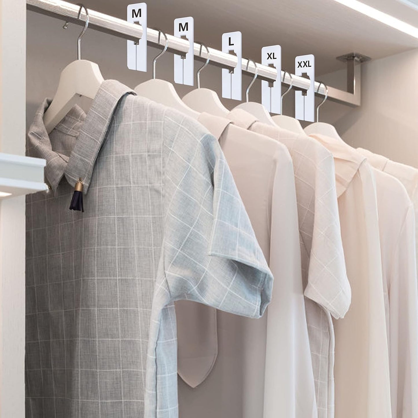 40 Pack Rectangular White Plastic Clothing Size Closet Rack Dividers Hangers, Preprinted in 8 Sizes XXS, XS, S, M, L, XL, XXL, XXXL (2.5”x 5”, Inner Diameter 1.38”)