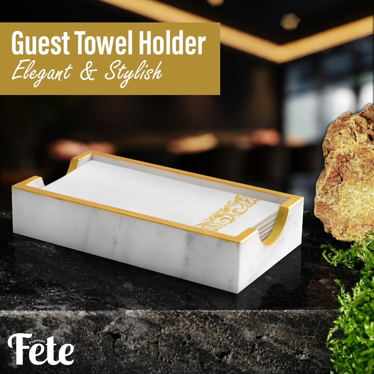 Fete Marble Tray for Bathroom - Guest Towel Holder Tray - 4 x 10 - White Marble