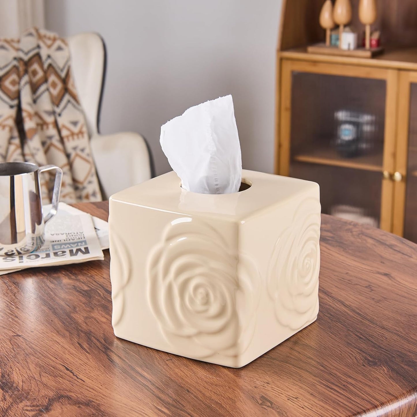 Beige Ceramic Cube Tissue Box Cover with Rose – Large Elegant Rose Floral Square Decorative Tissue Box Holder for Bathroom, Bedroom, Office Desk, Kitchen Counter – Perfect Housewarming Gift