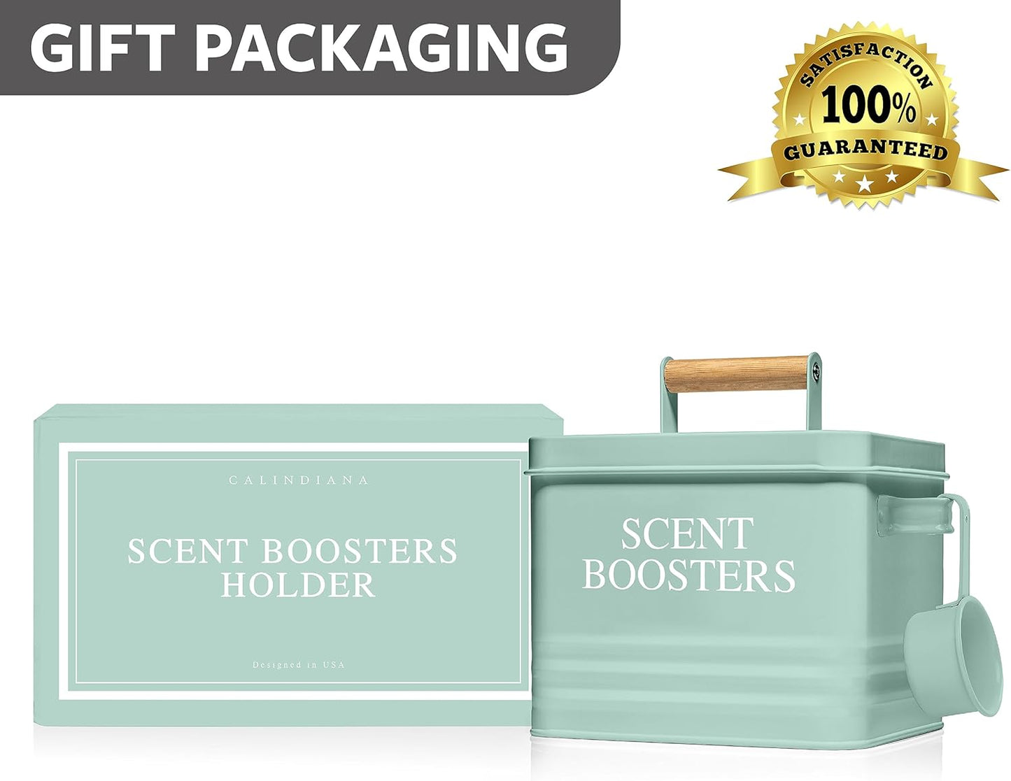 Calindiana Modern Farmhouse Metal Laundry Scent Booster Beads Dispenser Container with Scoop for Laundry Room Decor and Accessories and Space Saving Laundry Room Organization and Storage, Mint