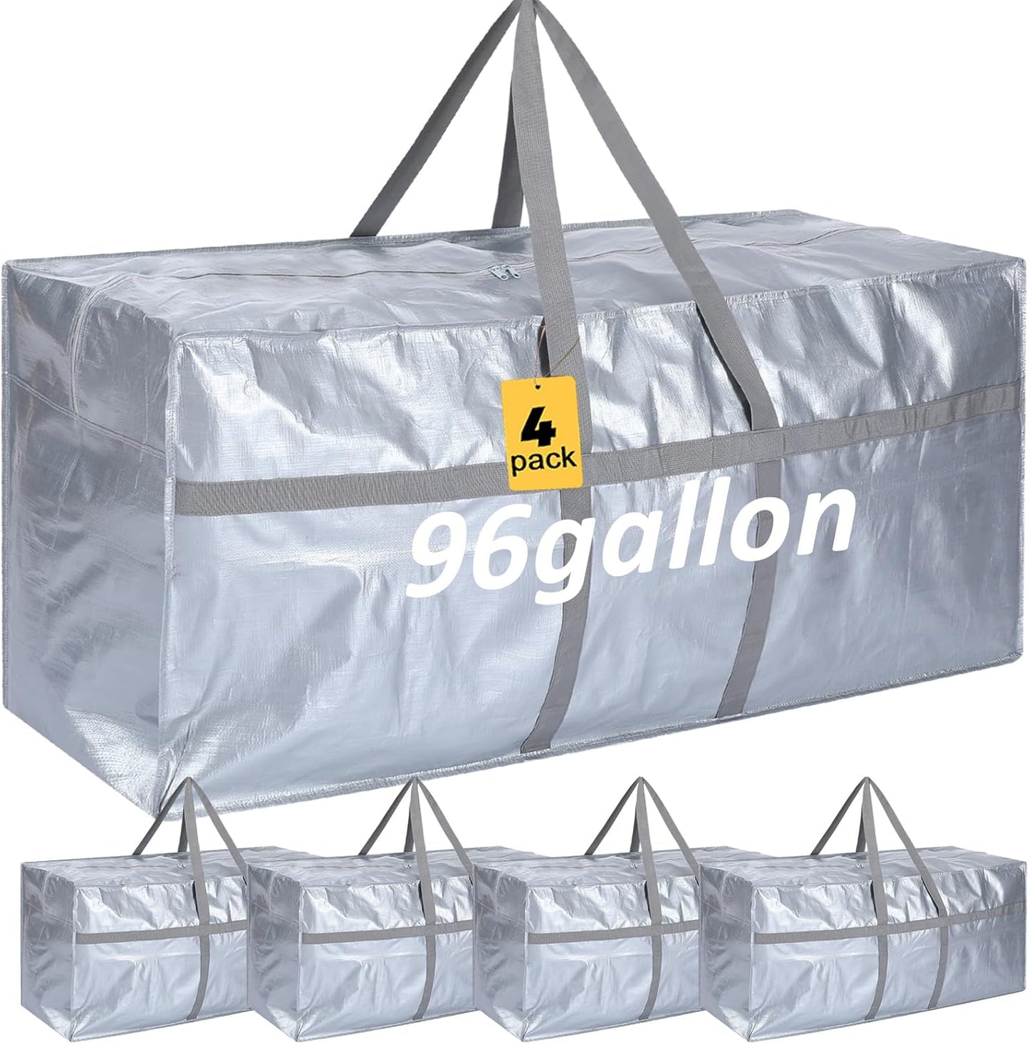 4 Pcs 96 Gallon Large Moving Bags with Zipper and Handles Foldable Storage Duffle Bags Heavy Duty Extra Large Totes for College Dorm Travel Clothes Blankets Bedding Moving (Silver)