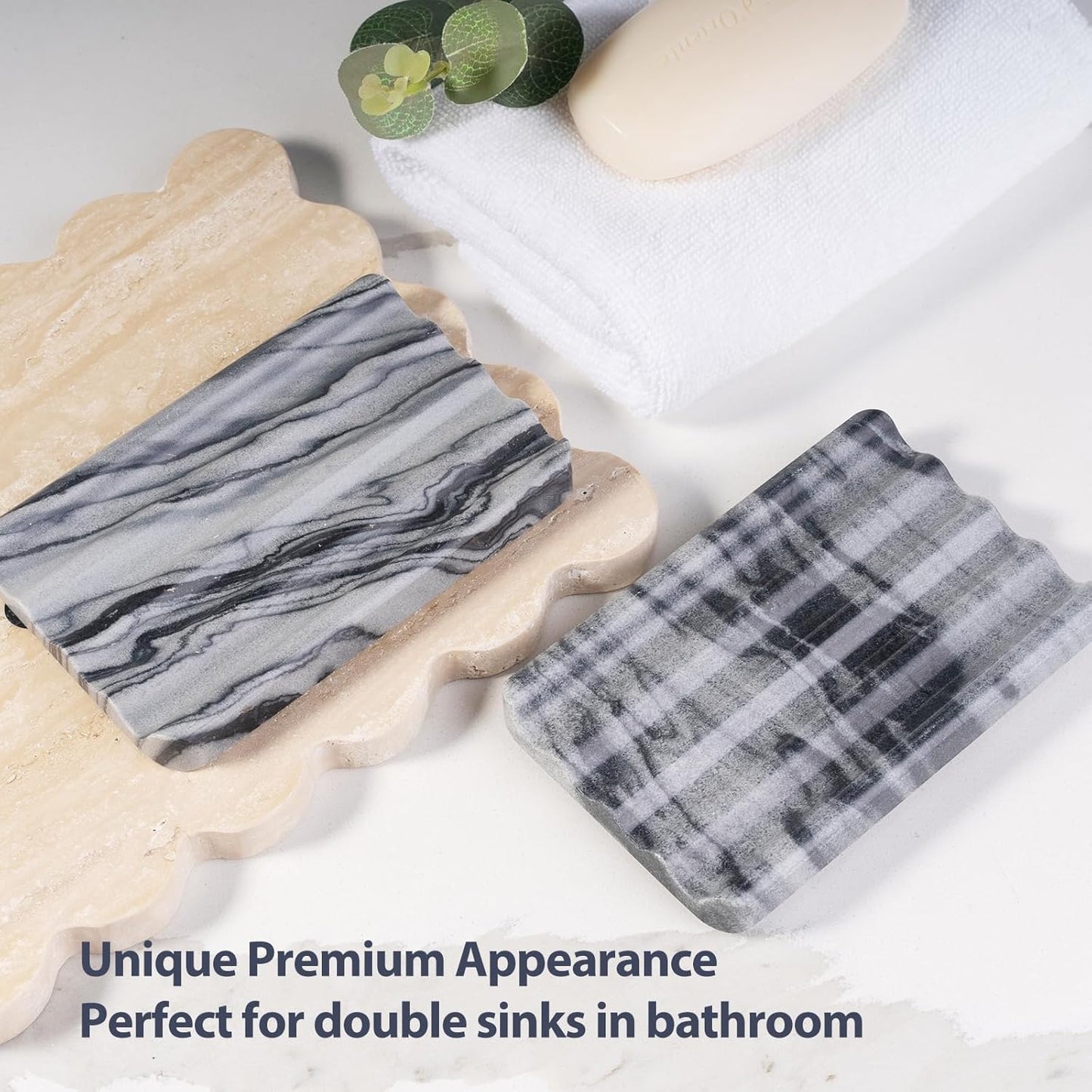 2 Pcs Soap Holder for Bathroom, Marble Soap Dish for Kitchen Countertop, Tray with Creative Wavy Design, Soap Saver for Bath Tub, Sponges, Italian Natural Stone(Monte Grigio)