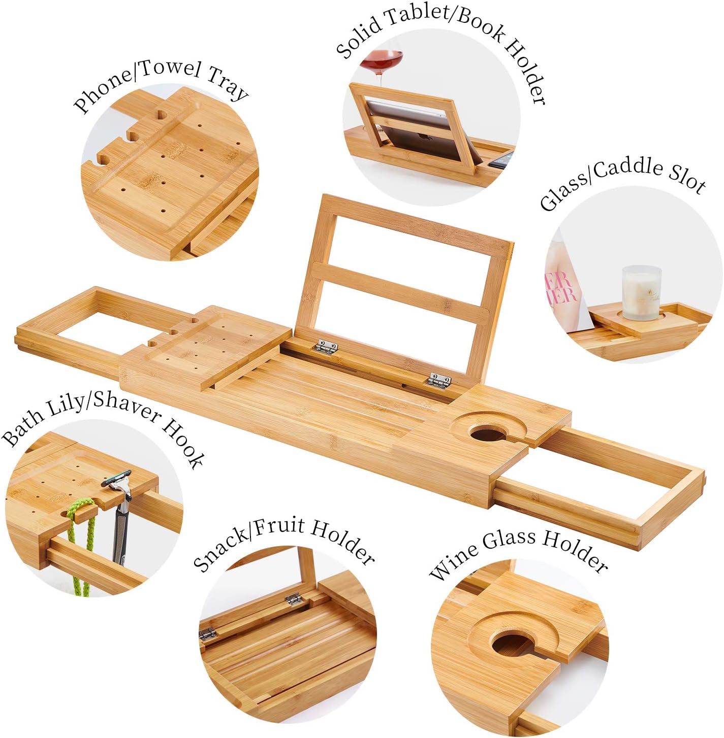 Utoplike Bamboo Bathtub Caddy Tray Bath Tray for Tub, Adjustable Bathroom Bathtub Organizer with Book Tablet Wine Glass Cup Towel Holder