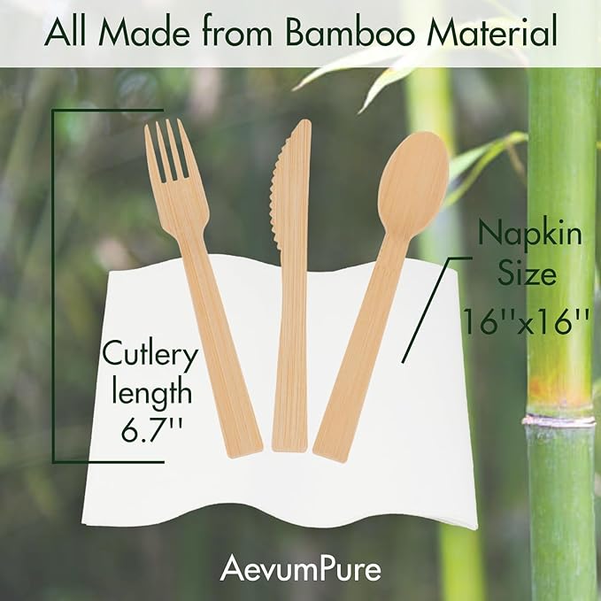 Pre Rolled Napkin and Bamboo Cutlery Set - 50 Sets (200 PCS)Disposable Wrapped Bamboo Utensils (50Forks,50Spoons,50Knives,50Compostable Napkins)-Wooden Silverware/Wrapped Plastic Tableware Alternative