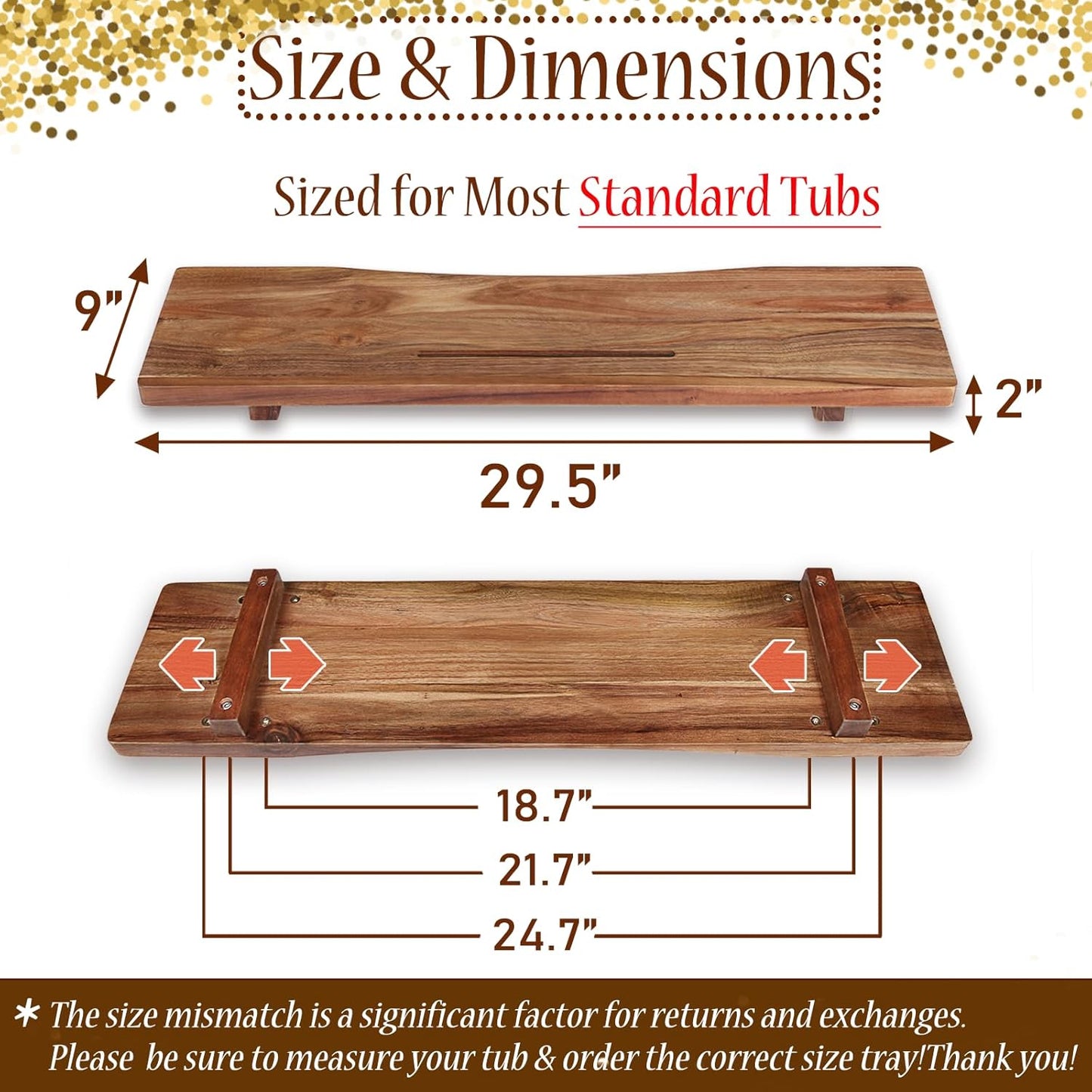 Premium Acacia Wood Bathtub Tray Caddy with Adjustable Legs, Minimalistic Design Bath Tray for Tub, Bathtub Accessories, Fit Standard and Against Wall Bath Tubs, Gift Idea for Women